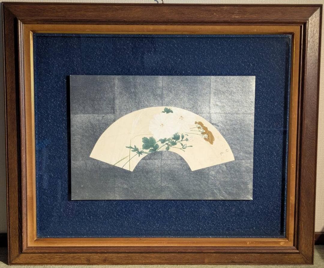 【模写】絵画　堂本印象　日本画　扇面画　白花と秋草　気品漂う一作　X107