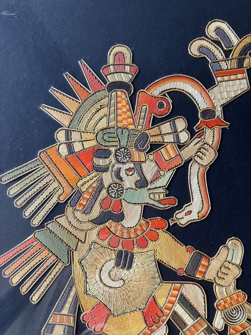 貴重☆アステカ文明ナチュラルな麦わらアート絵　アンティーク壁掛け　マヤ　メキシコ