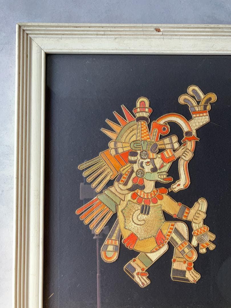 貴重☆アステカ文明ナチュラルな麦わらアート絵　アンティーク壁掛け　マヤ　メキシコ