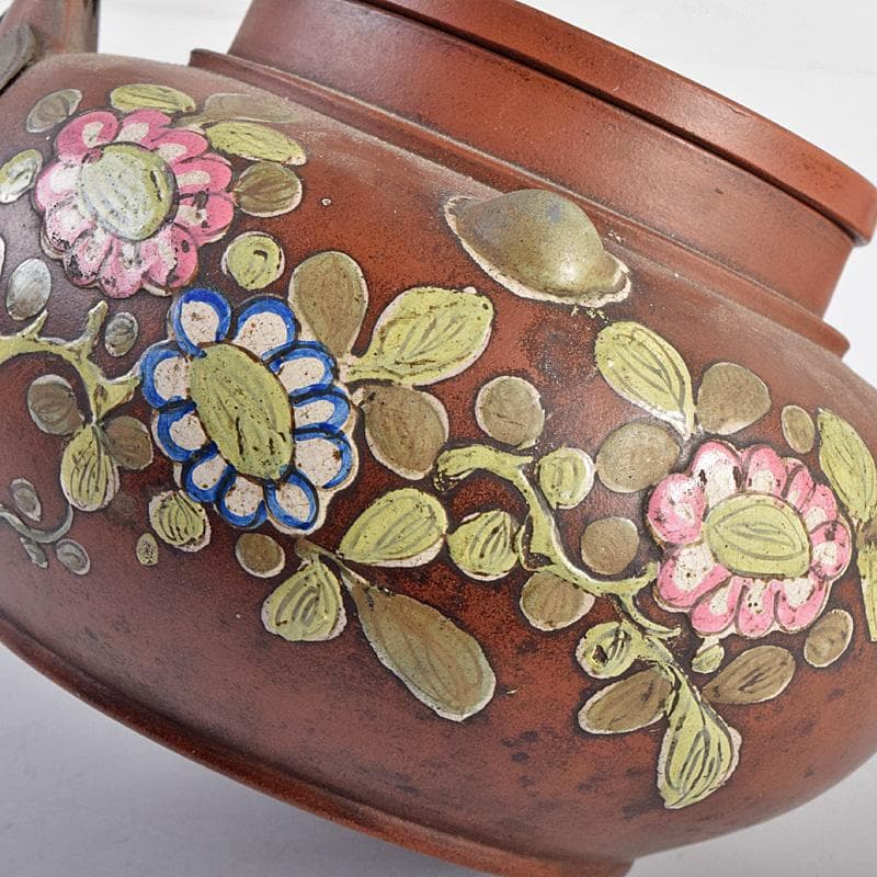 中国　鮑県泰製　宣興紫砂　朱泥　古錫装飾　花文　急須　茶壷　D　R8782