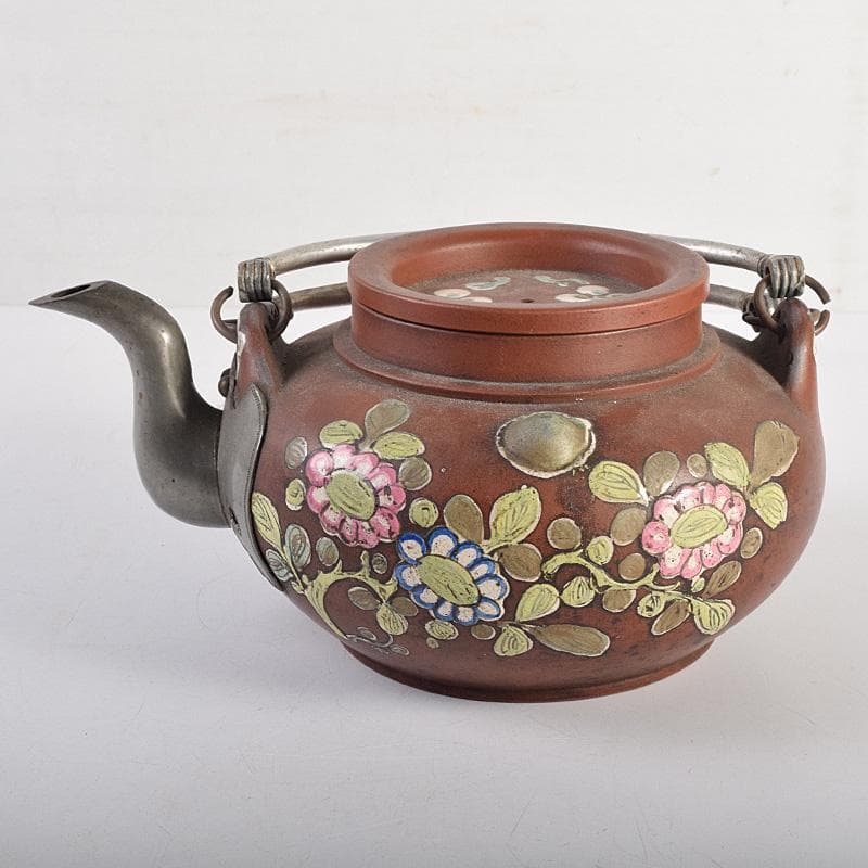 中国　鮑県泰製　宣興紫砂　朱泥　古錫装飾　花文　急須　茶壷　D　R8782
