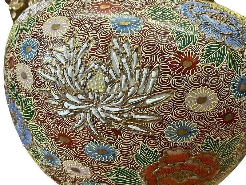 ※専用　九谷焼 金彩色絵 花尽し 花詰文 獅子摘 金襴手 大香炉 約46cm