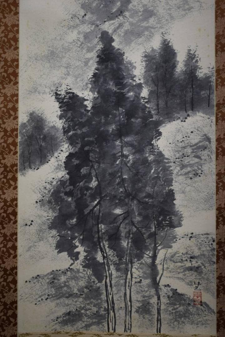 真作/野村一生/水墨山水図/桐共箱太巻二重箱付/布袋屋掛軸HE-217