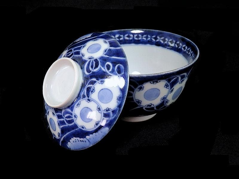 古伊万里　染付　鼓に調緒の図　蓋茶碗　江戸期　E213AS-CHl