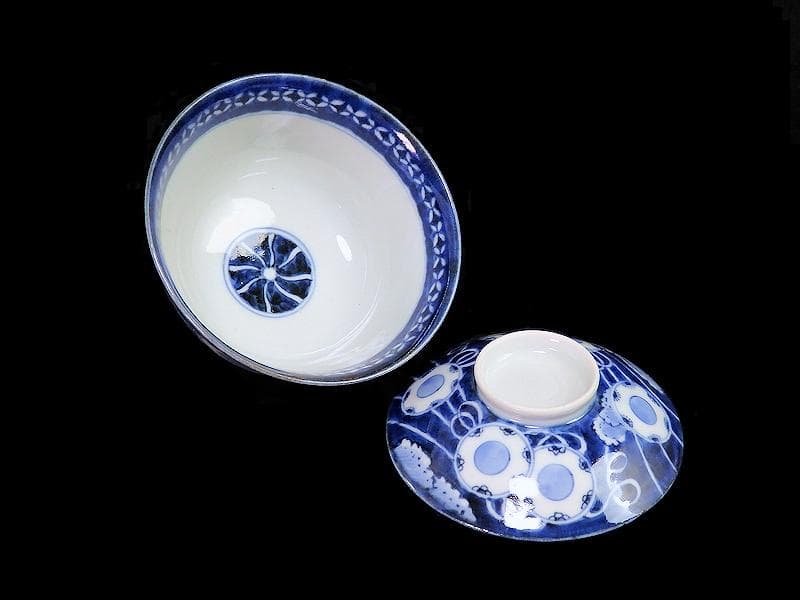 古伊万里　染付　鼓に調緒の図　蓋茶碗　江戸期　E213AS-CHl