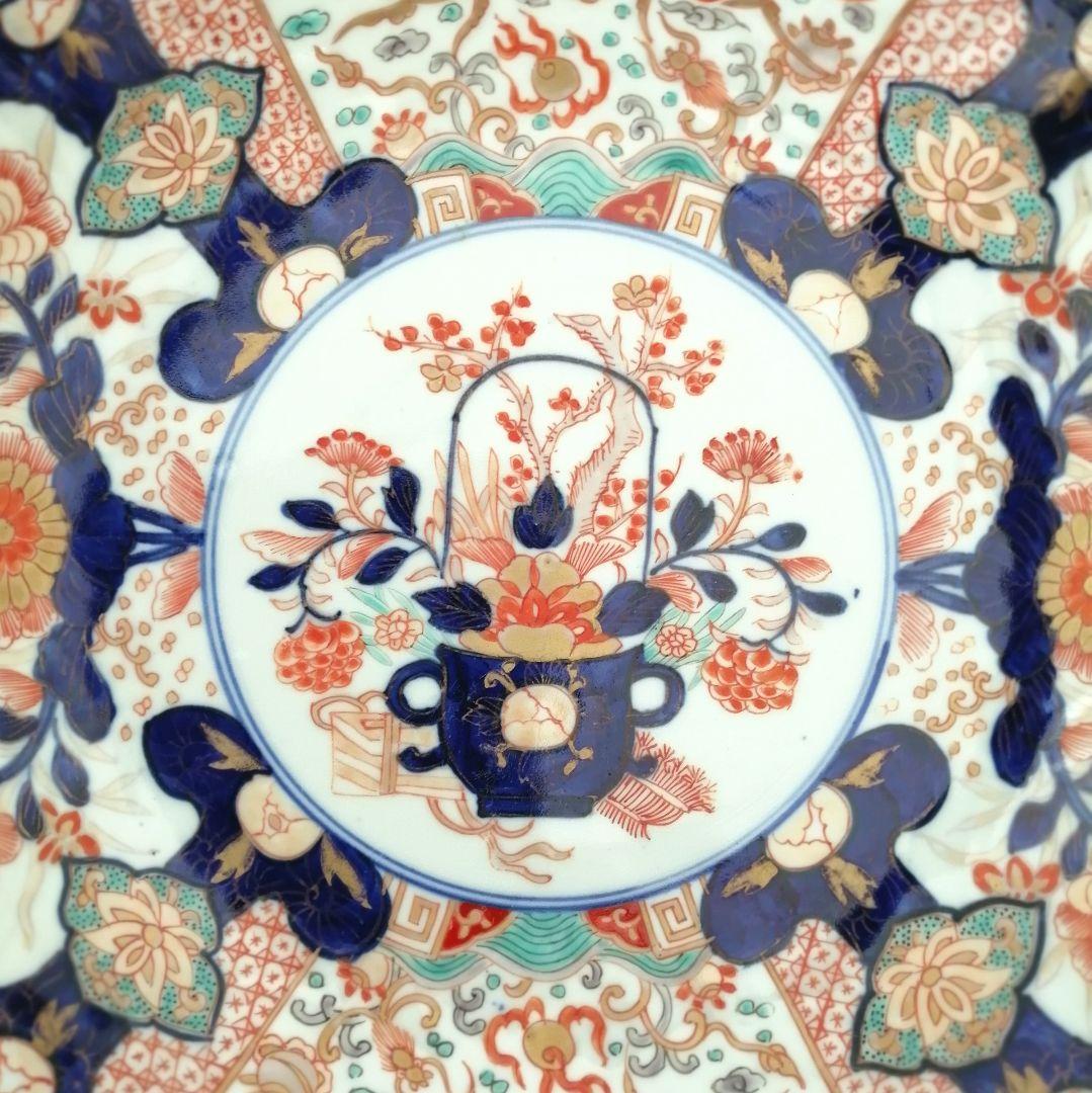 明治前期　色絵　花籠　龍と鳳凰　唐花　蝶　輪花　大鉢