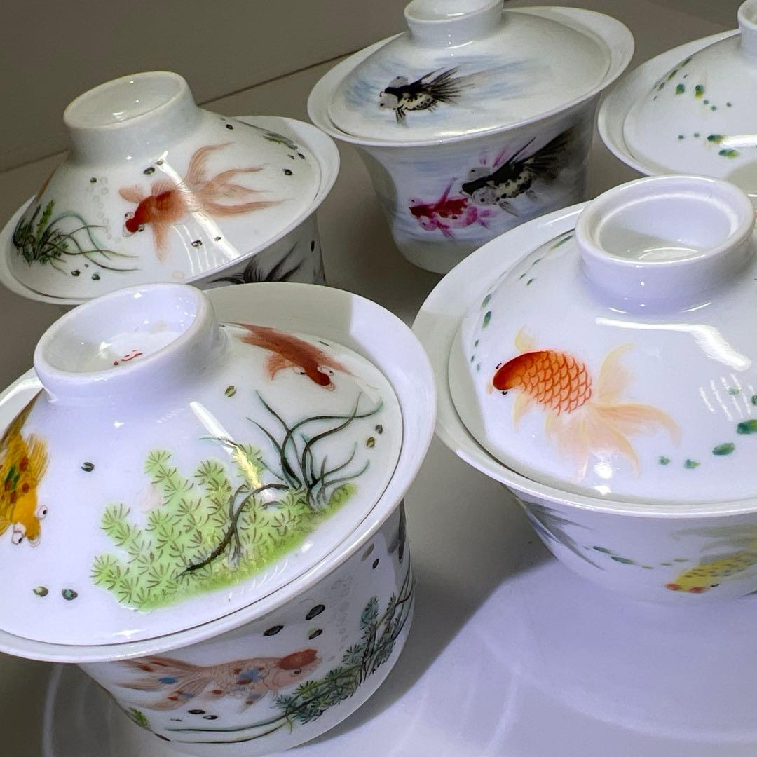 中国美術　粉彩蓋茶碗5客　口径約9㎝　東Y8-0204☆2Fタトチ