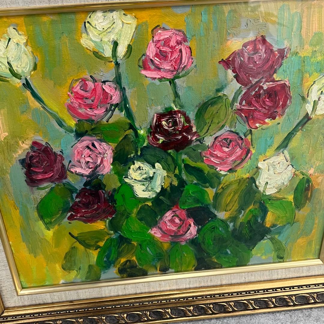 作者不明 バラ 花束 油彩画 装飾フレーム付き 薔薇