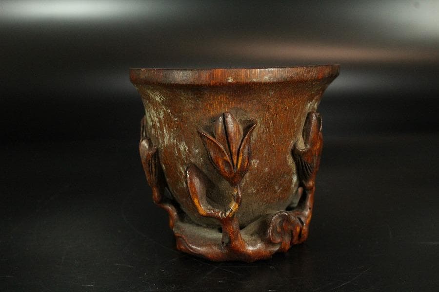 中国美術 竹根 刻 蓮花 碗 洗 13cmx9cm 文房四宝(K-LC561)