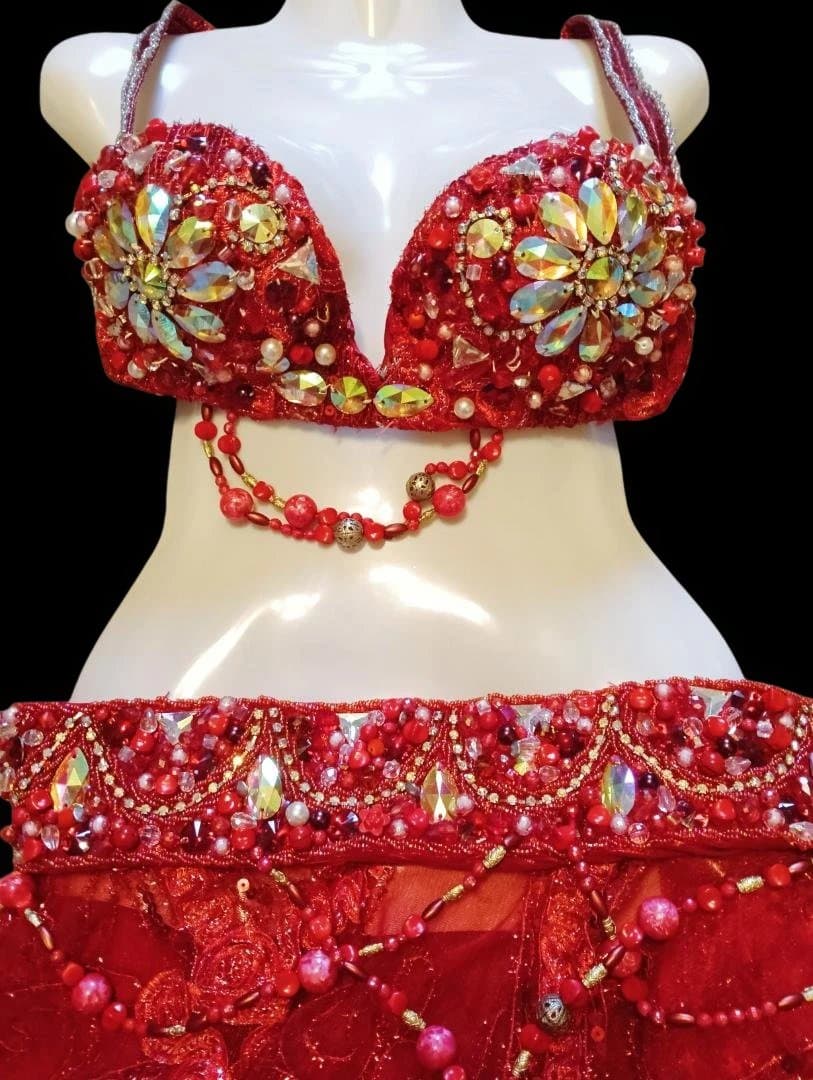 【新品Sale】エジプト製デザイナーズベリーダンス衣装セット赤《花》