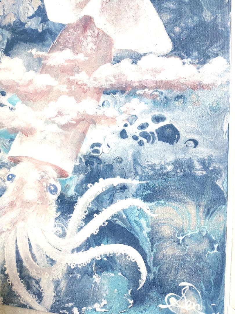 イカの油絵【つまみ雲】1点物の原画◆作者サイン入り/F3号サイズ油彩画