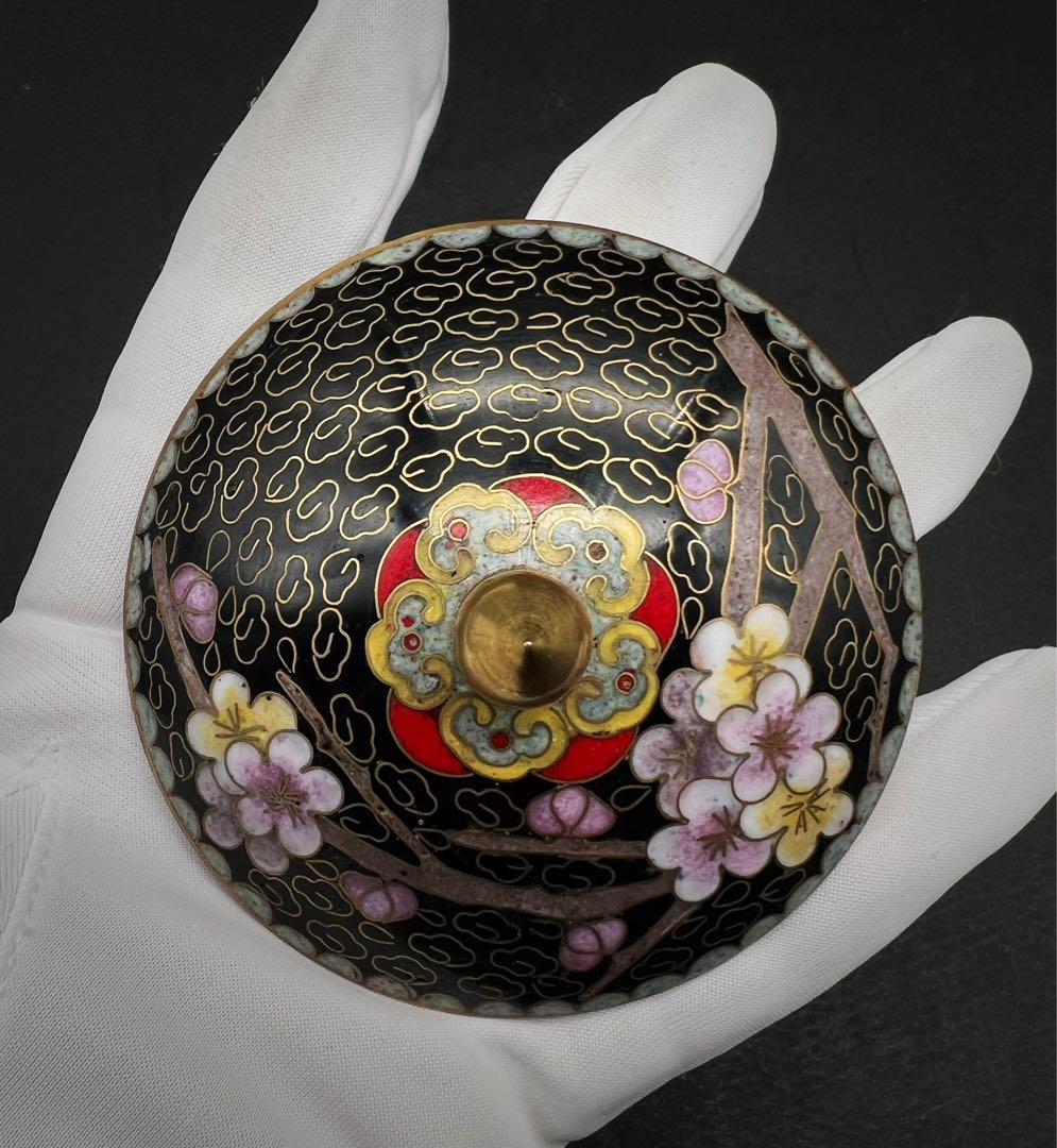 希少品 中國美術 古玩 景泰藍 京法 七宝焼梅紋樣茶碗 台座付き 茶道具