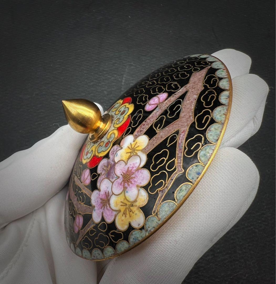 希少品 中國美術 古玩 景泰藍 京法 七宝焼梅紋樣茶碗 台座付き 茶道具