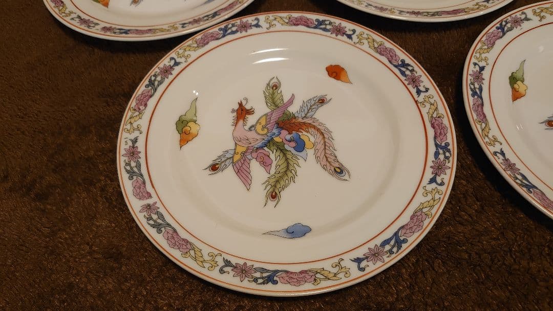 古玩　中国陶器　中皿　７寸皿　鳳凰　蔵出し　５客