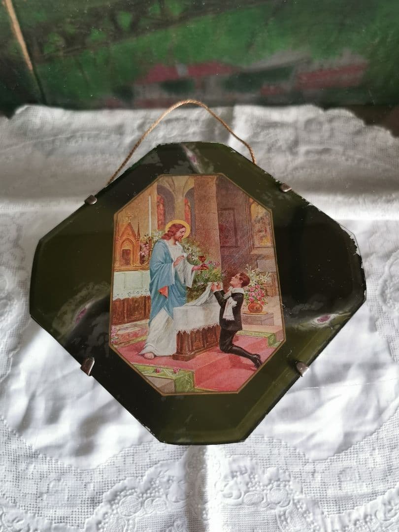 アンティーク 初聖体記念 キリストと少年 美しい八面体壁掛け深緑ガラスパネル