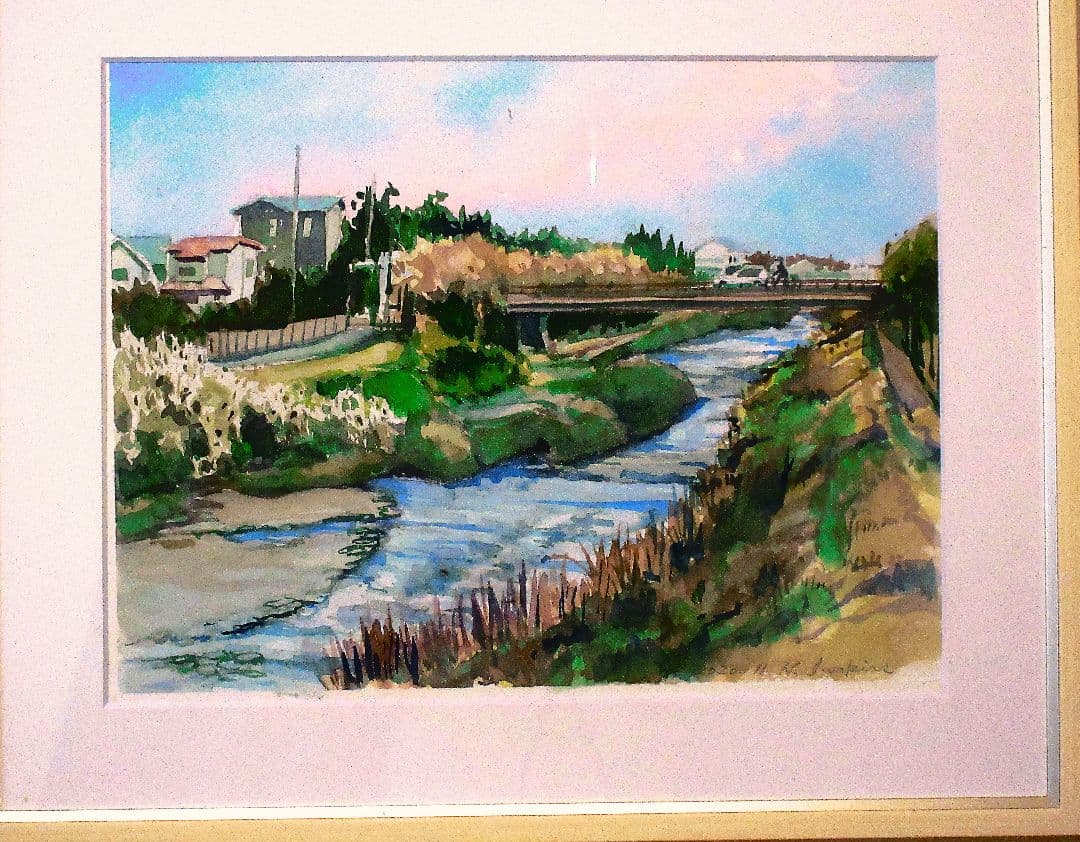 川のある風景 水彩画 フレーム付き