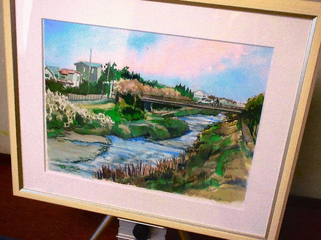 川のある風景 水彩画 フレーム付き