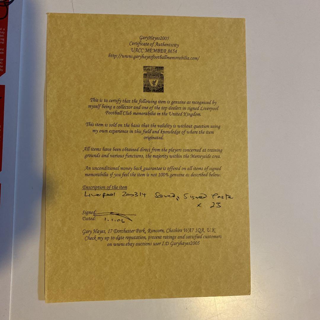 リヴァプール　03-04 直筆サイン入り ポスター　証明書付　LIVERPOOL