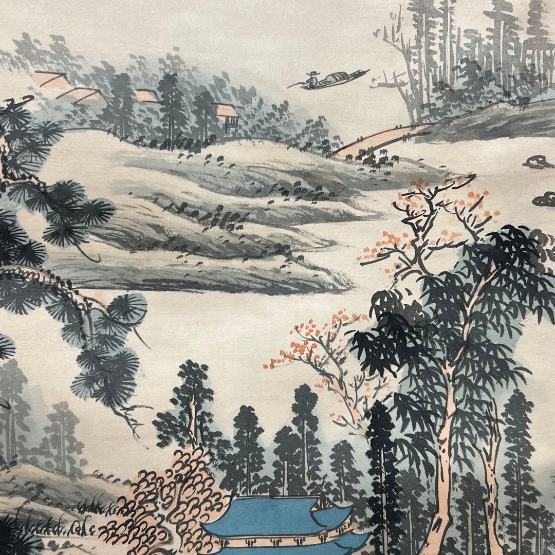 4127 中国画 「秋江漁隠」 共箱 肉筆 絹本 日本画 掛軸 商売繁盛