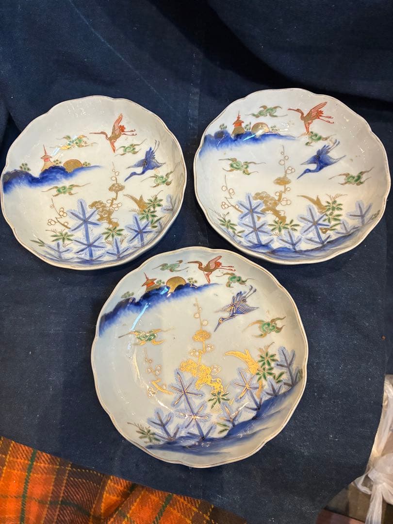 古伊万里　色絵金彩　なます皿　3枚　雲鶴　松竹梅　傷なし　明治