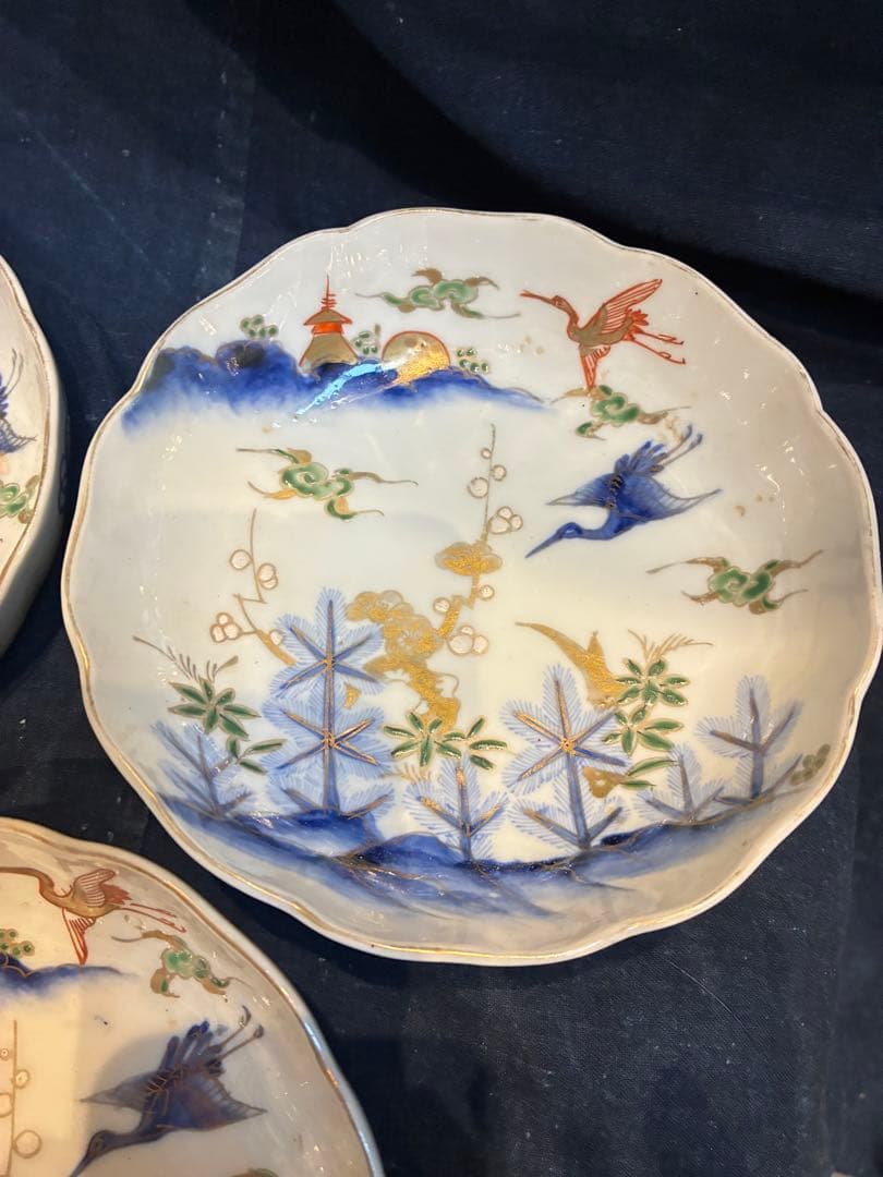 古伊万里　色絵金彩　なます皿　3枚　雲鶴　松竹梅　傷なし　明治