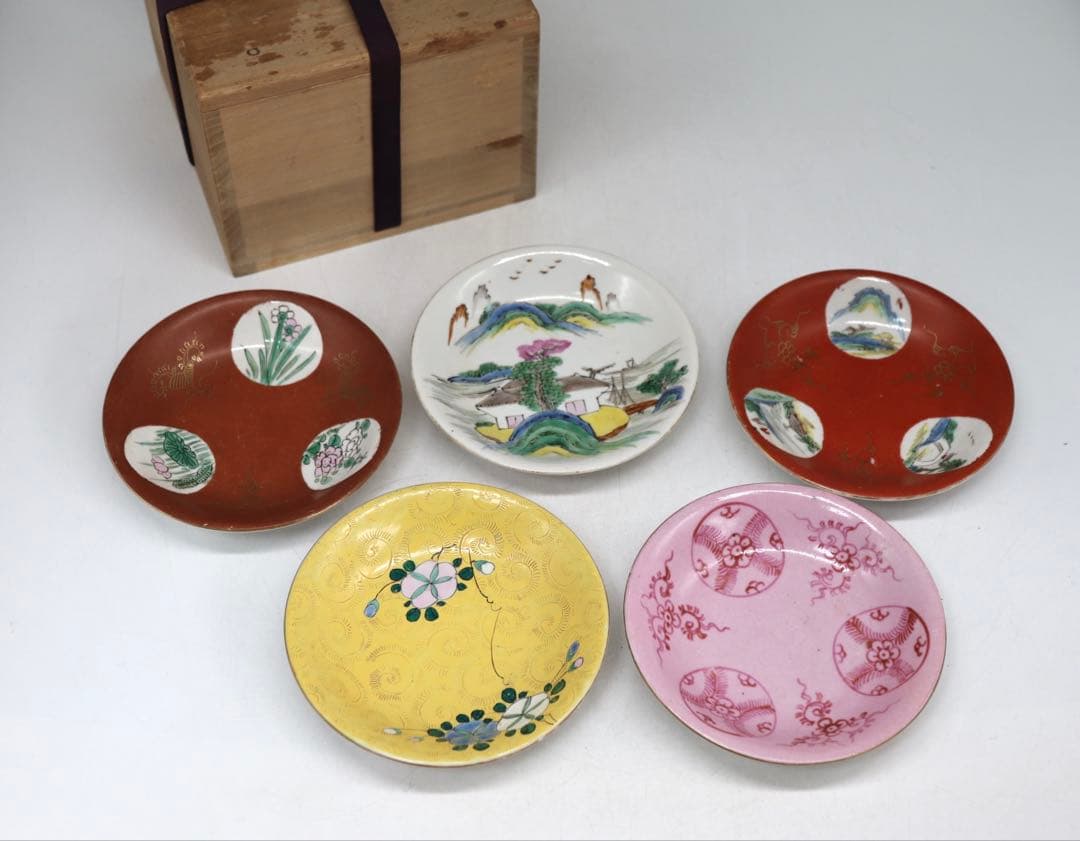 中国　清時代　十錦手小皿5点　木箱入　送料込み250708