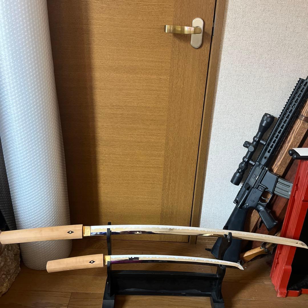 模造刀 白鞘 2本 セット コスプレ 演劇 防犯 日本刀レプリカ黒スタンド付き