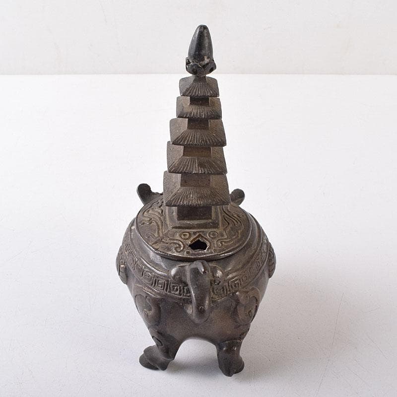 中国　古銅　唐銅　神獣五重塔　香炉　M　R8731