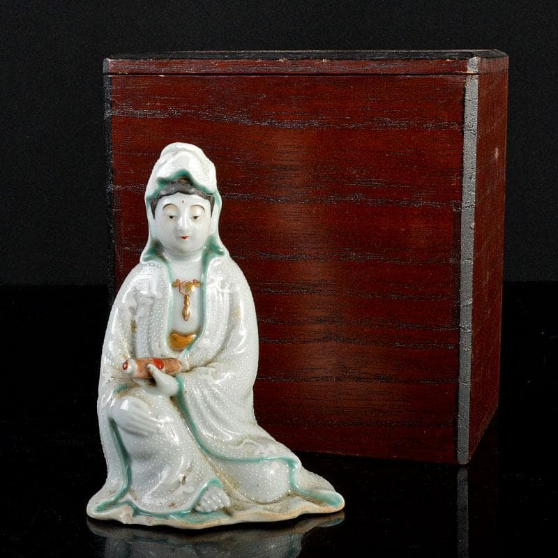 九谷焼　古九谷　 色絵白粒　観音像　仏像　置物　時代箱付　V　R4530