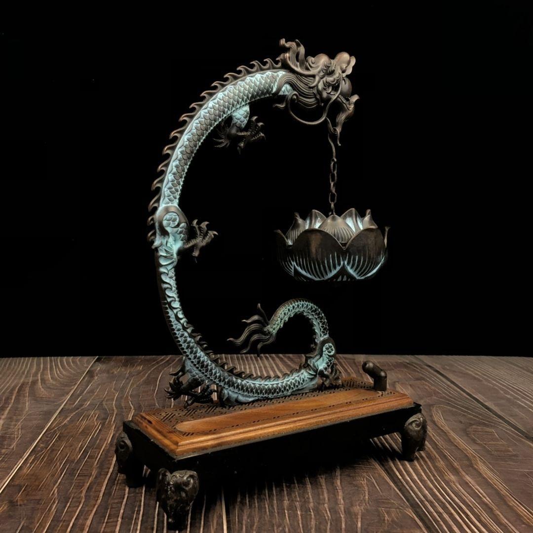 銅 細工 彩藍蓮華龍弔り式香炉 倒流香 装飾品 現代工芸品 美術品 置物