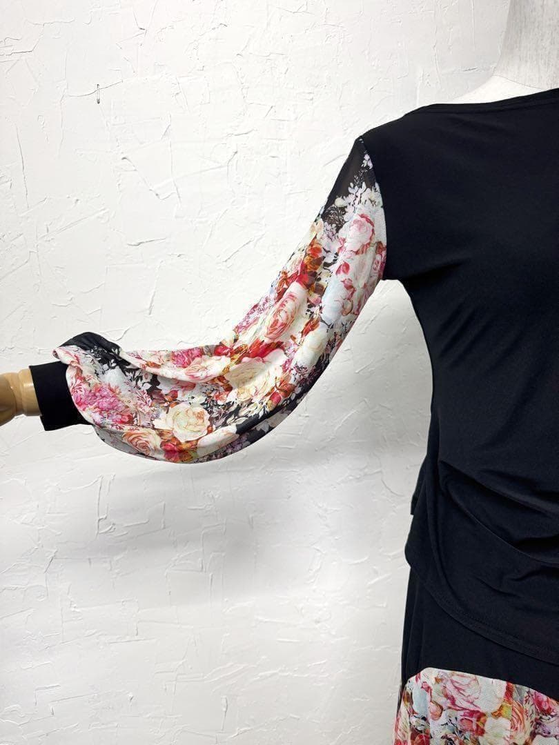 【パーティーに】新品　社交ダンス　バルーン袖　花柄セットアップ黒ｂ301