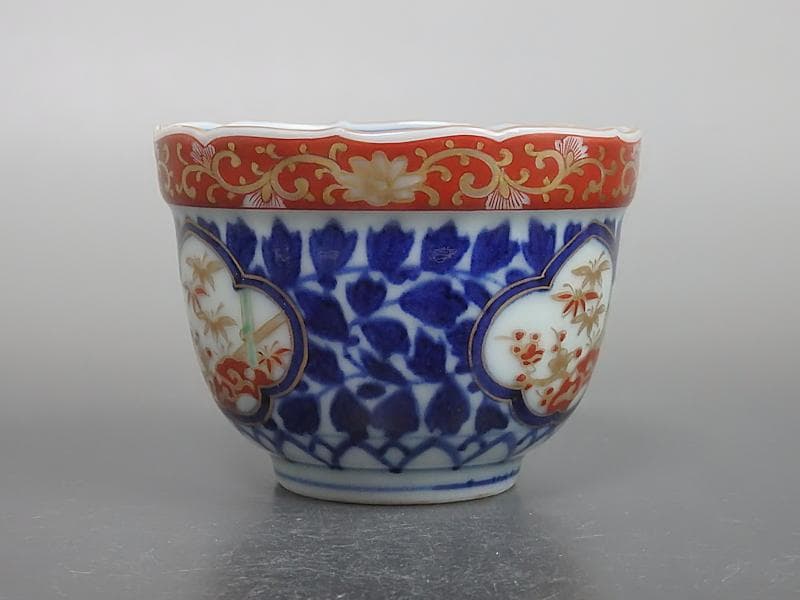 大聖寺伊万里　染錦　窓絵　葉唐草の図　向付　２客　D686AS-BDu