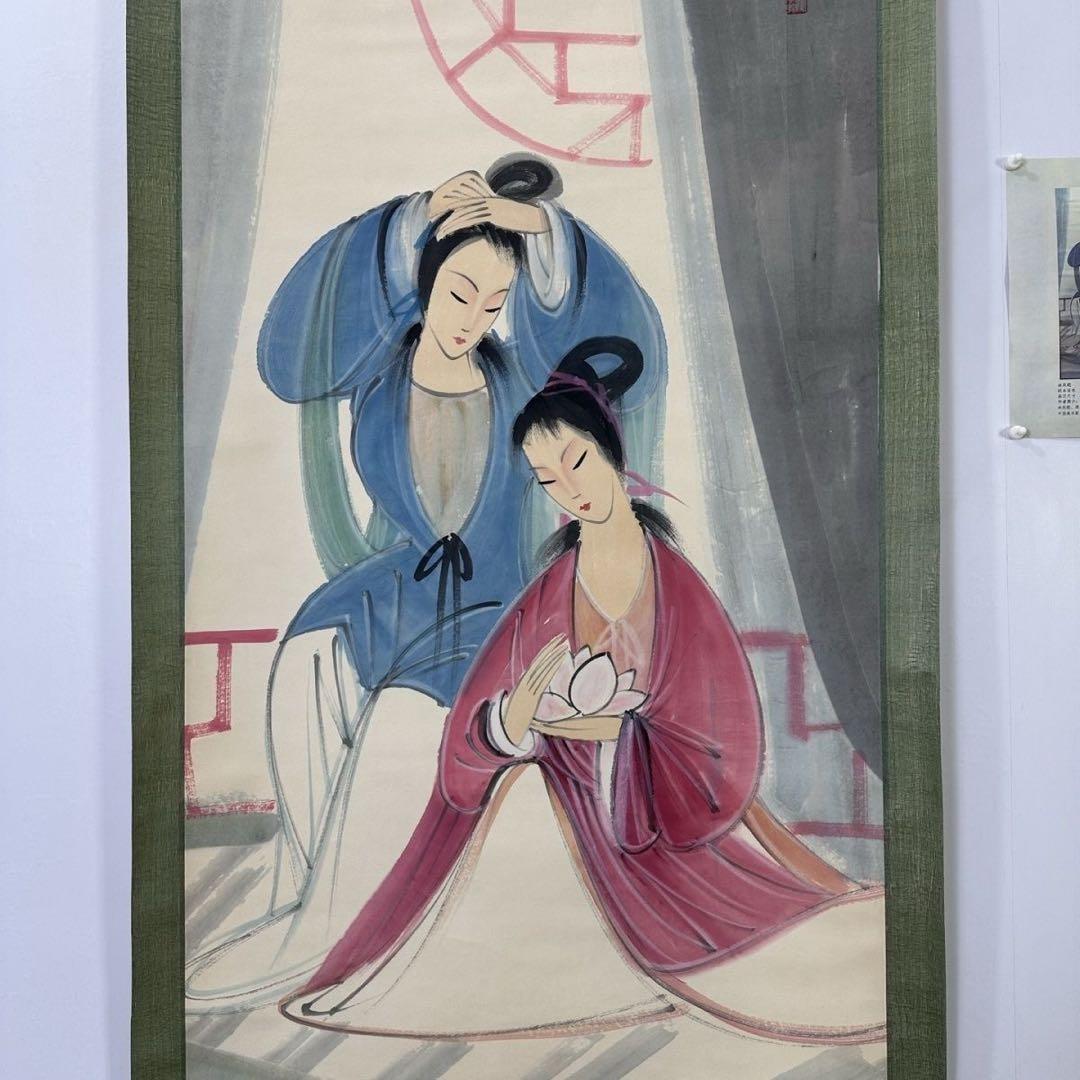 四尺中堂 中国近代風 人物画 掛け軸 仕女図 手描き作品・表装済み