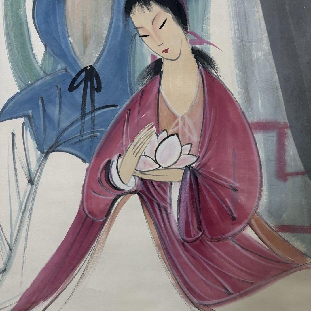 四尺中堂 中国近代風 人物画 掛け軸 仕女図 手描き作品・表装済み