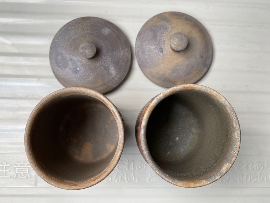 希少　備前焼　蓋付き湯呑みペアセット（木箱）般若心経