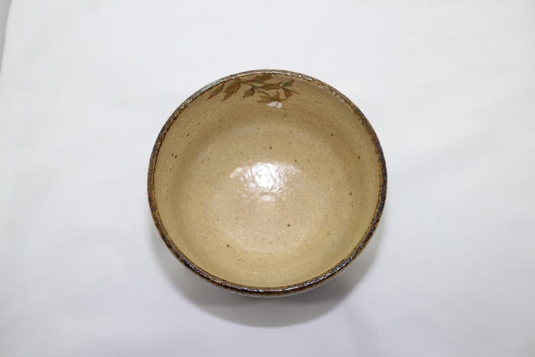 京焼 中村良二 灰釉 牡丹絵 茶碗 茶道具 共箱 共布