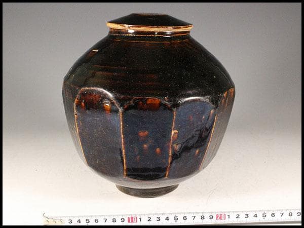 古美術 李朝 黒高麗 面取 蓋壷(K-A652)