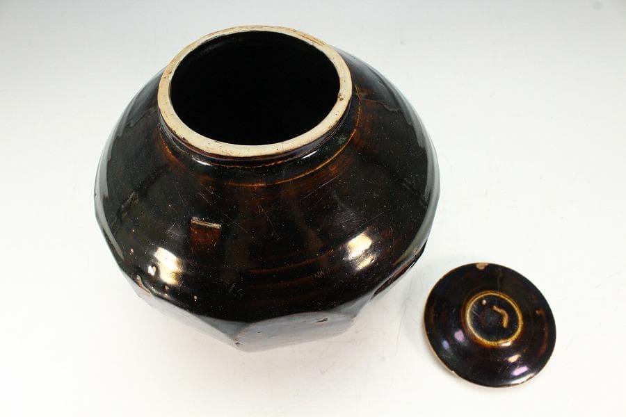 古美術 李朝 黒高麗 面取 蓋壷(K-A652)