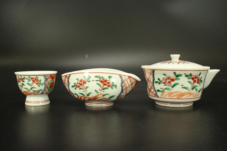 煎茶 赤絵 在銘 茶器揃い 未使用(A729)