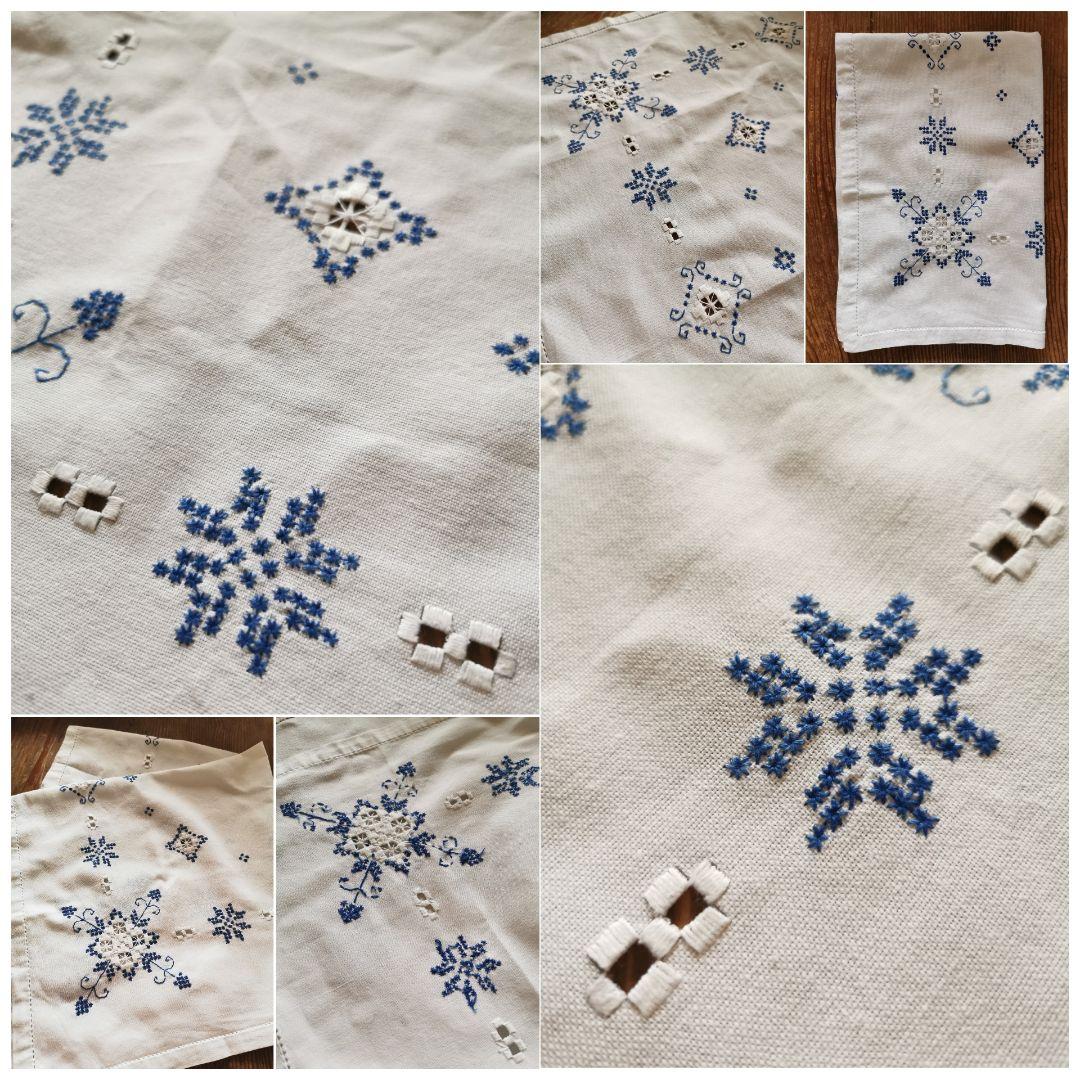 アンティーク 北欧ハーダンガーレース刺繍 大判クロス ブルーワーク✵ 雪の結晶