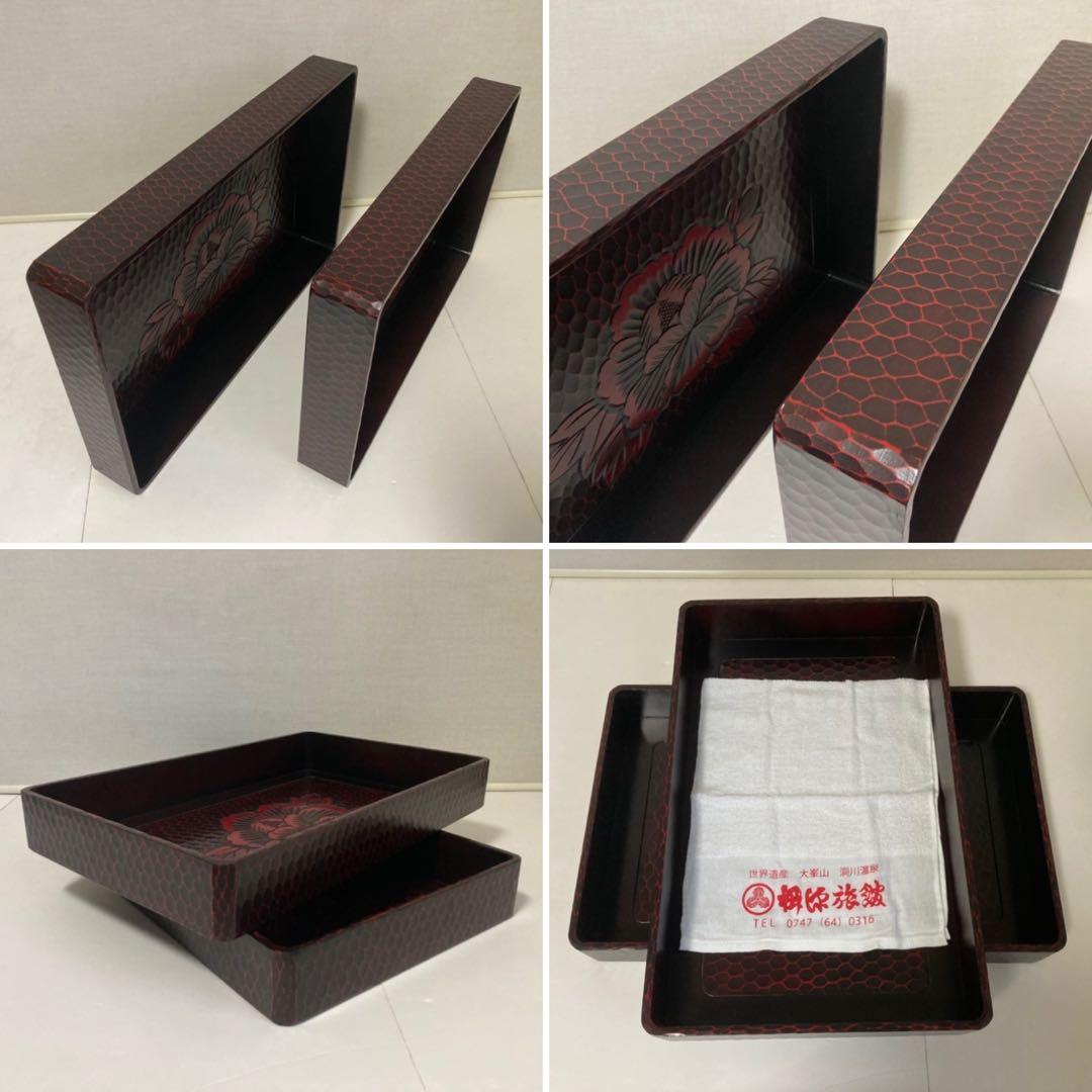 鎌倉彫 乱れ籠 衣装籠 盆 トレイ 2枚組 収納 木製 彫刻 漆塗 花柄 レトロ