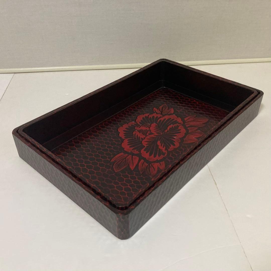 鎌倉彫 乱れ籠 衣装籠 盆 トレイ 2枚組 収納 木製 彫刻 漆塗 花柄 レトロ