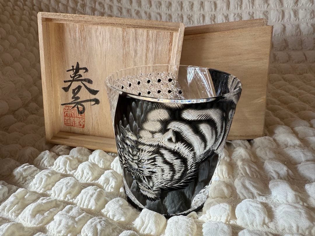 美品 但野英芳 江戸切子 虎 ロックグラス（切子 江戸切子 薩摩切子）