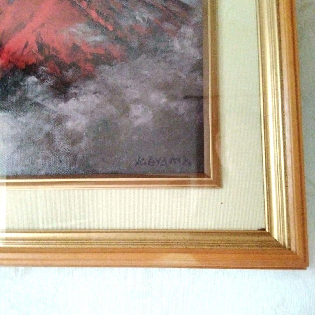 大型赤富士油彩画　開運　縁起物　風水　木製額縁　富士山　油絵　肉筆　大山功