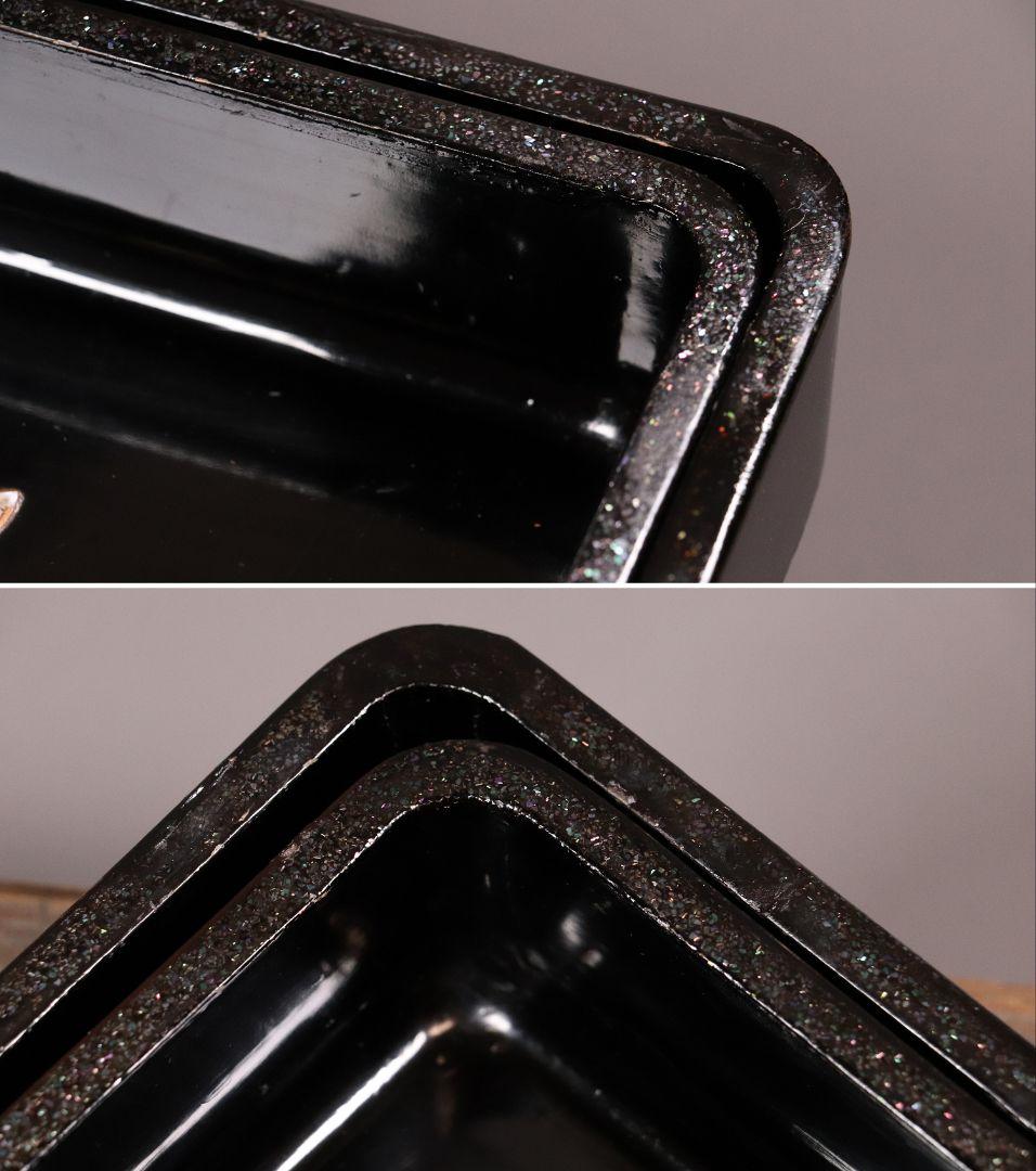 時代 光琳蒔絵 脇取盆 二枚 螺鈿 菊 金銀蒔絵 長方盆 広蓋 黒塗 MA404