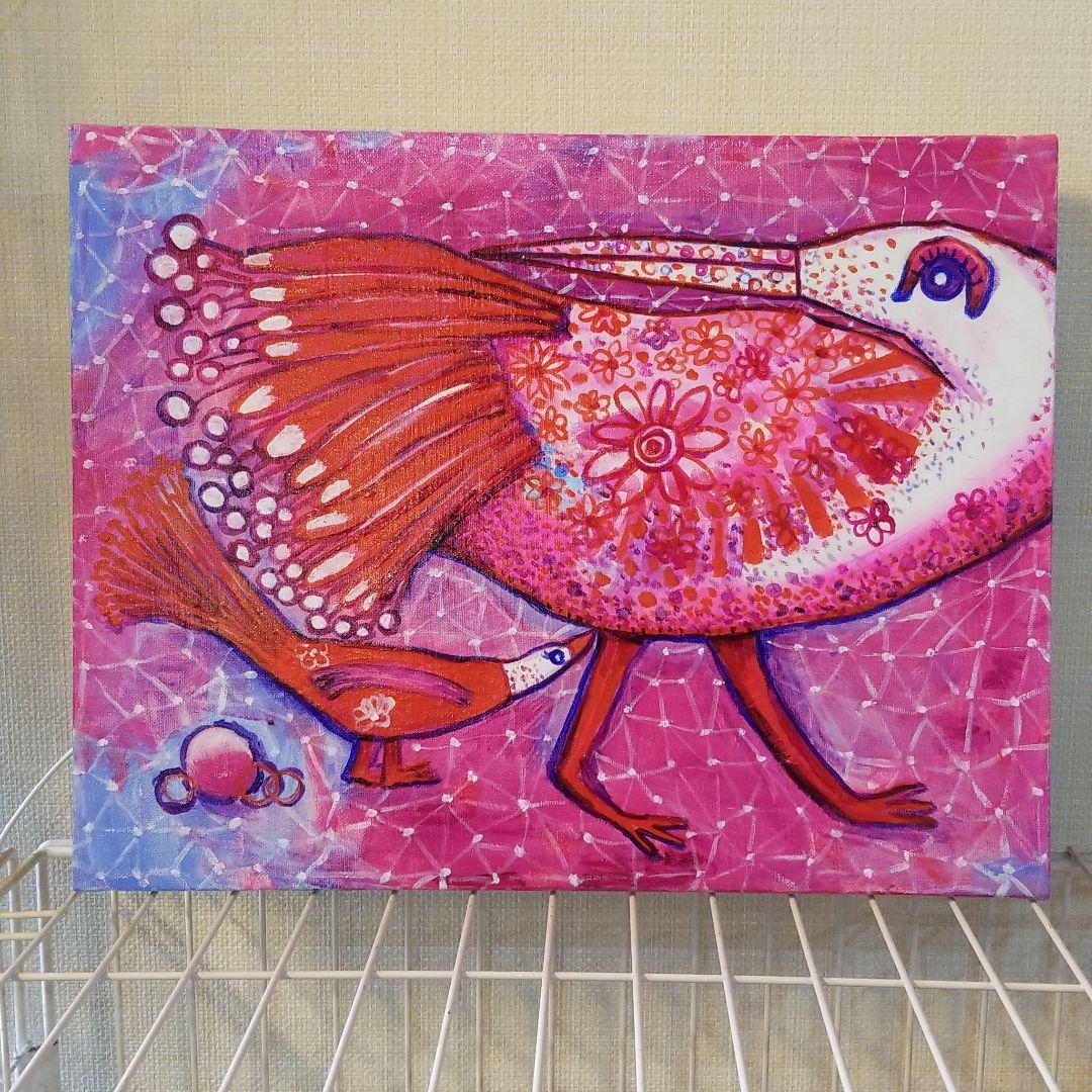 油絵　専用　お花の模様がある鳥の親子