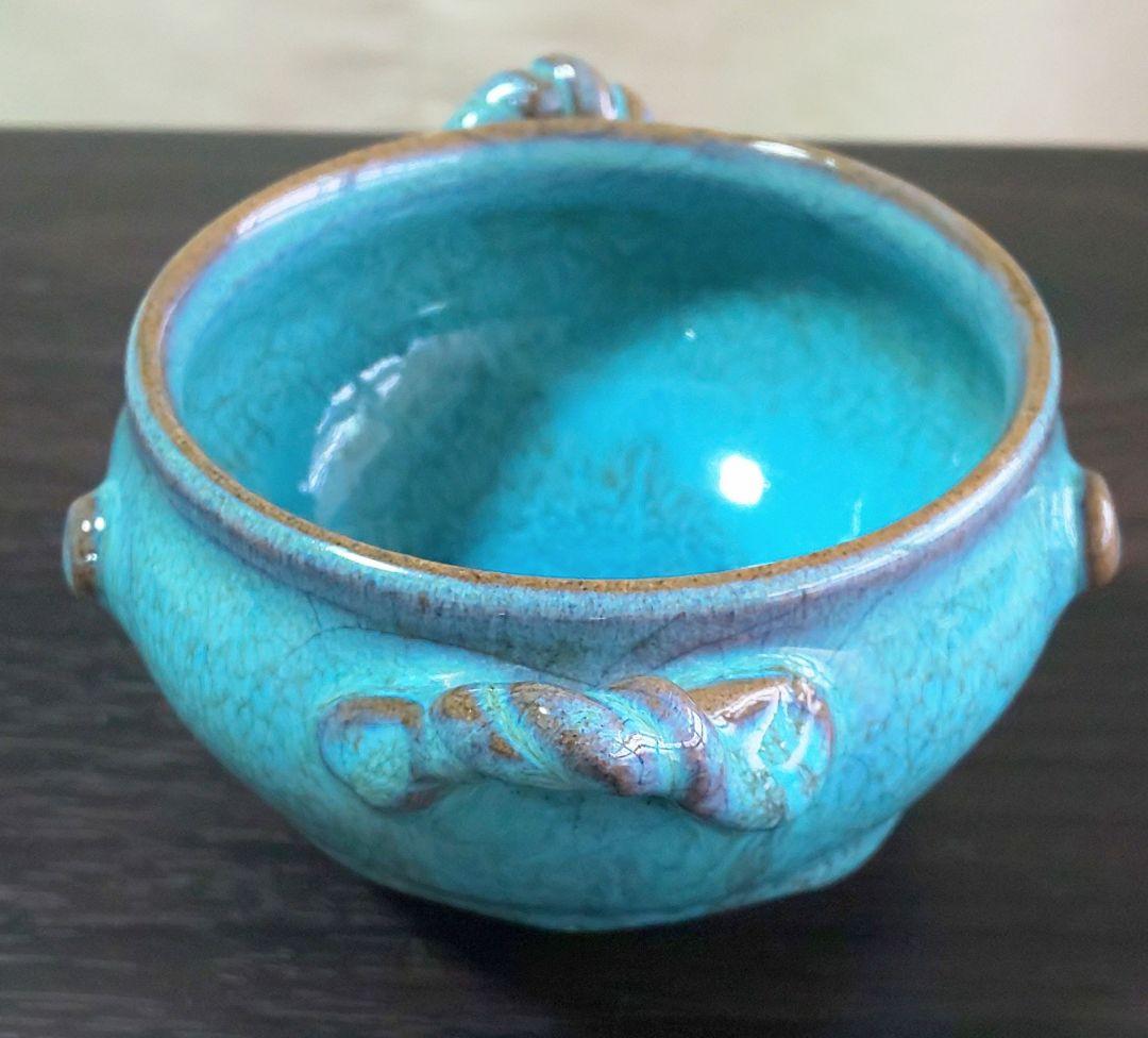 中国南宋時代 緑釉陶器 澱青釉紫紅斑 双耳香炉