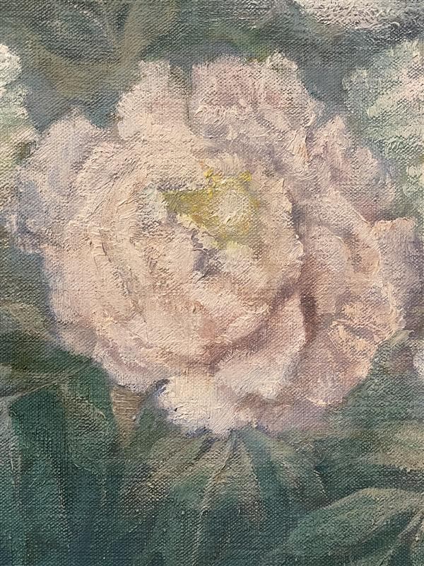 「真作」松下絹子「朝の花 牡丹」静物画　油彩画　額装　サイン有り　P8号