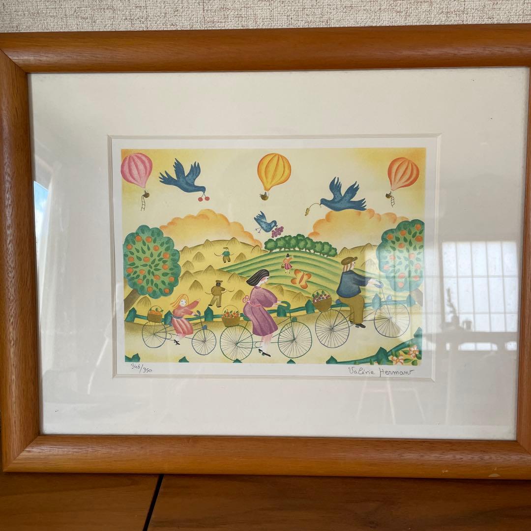 Valerie Hemmer リトグラフ　青い鳥　自転車　カップル　家族