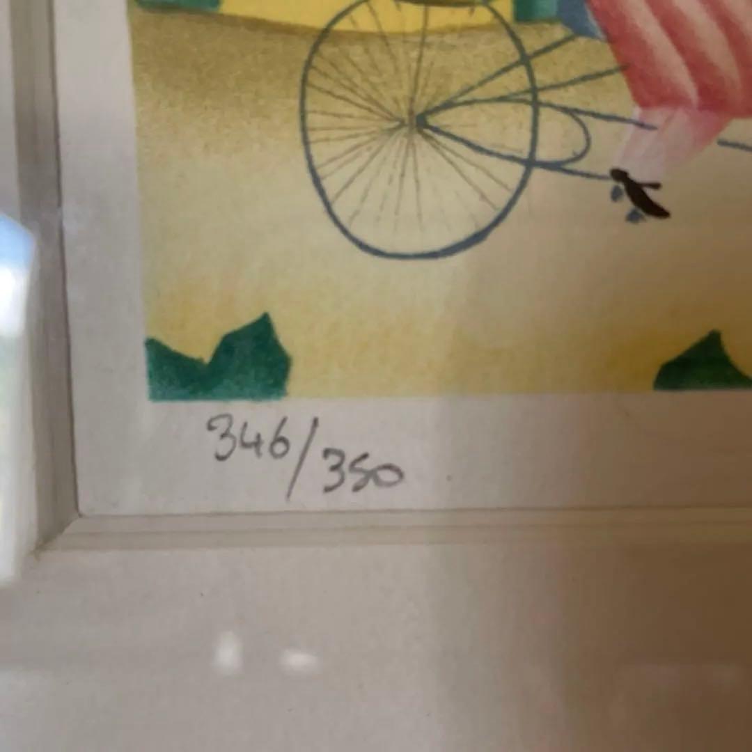 Valerie Hemmer リトグラフ　青い鳥　自転車　カップル　家族